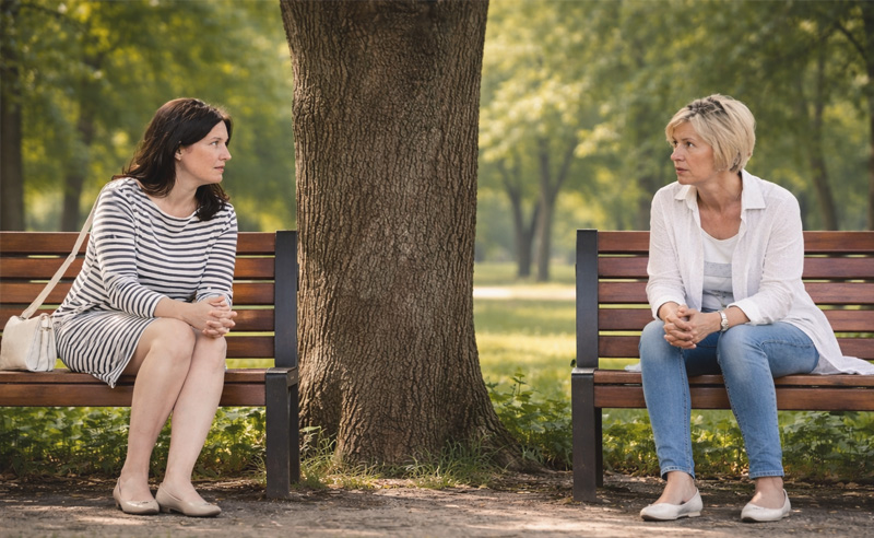 Két nő, két külön padon ülve beszélget.
