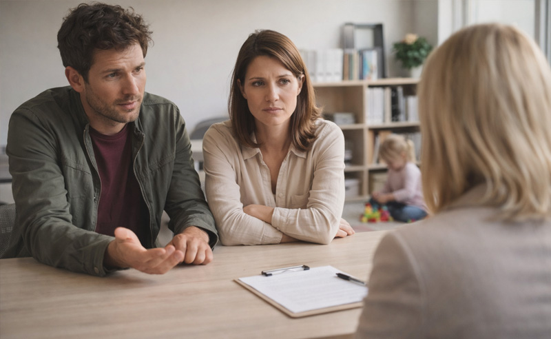 A gyerek a háttérben játszik, a szülők megbeszélésen vannak