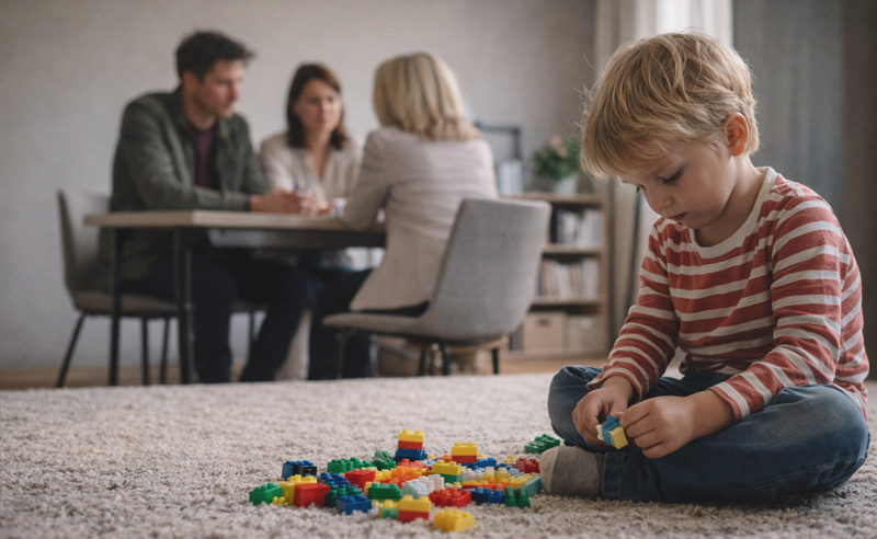 Kisfiú építőkockákkal játszik, mediáció a háttérben